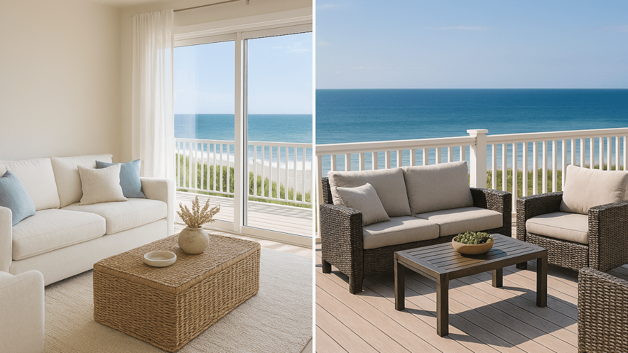 Side-by-side images of a coastal living room with light airy furniture vs. durable outdoor furniture on a patiodeck.