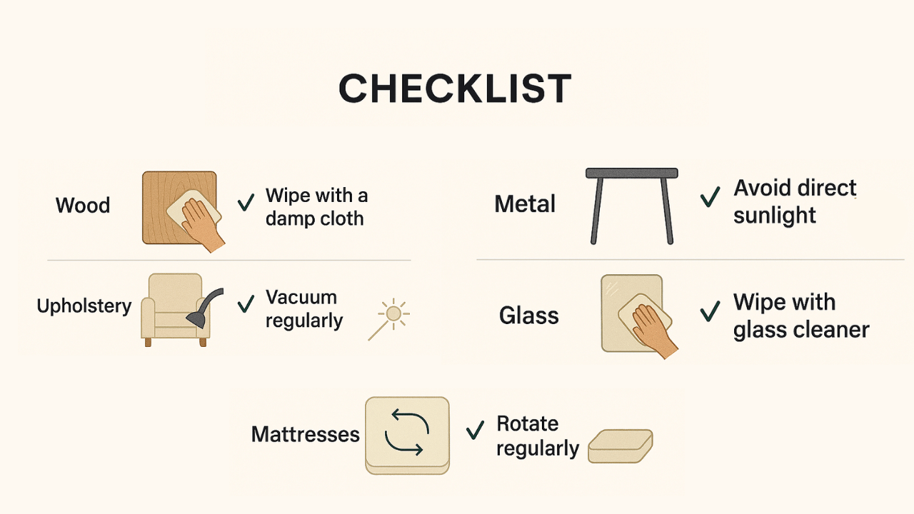 illustrations showing care actions wiping, vacuuming, rotating mattress, avoiding direct sunlight