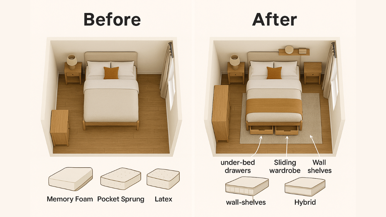 top-down floor plan showing storage solutions in a small bedroom