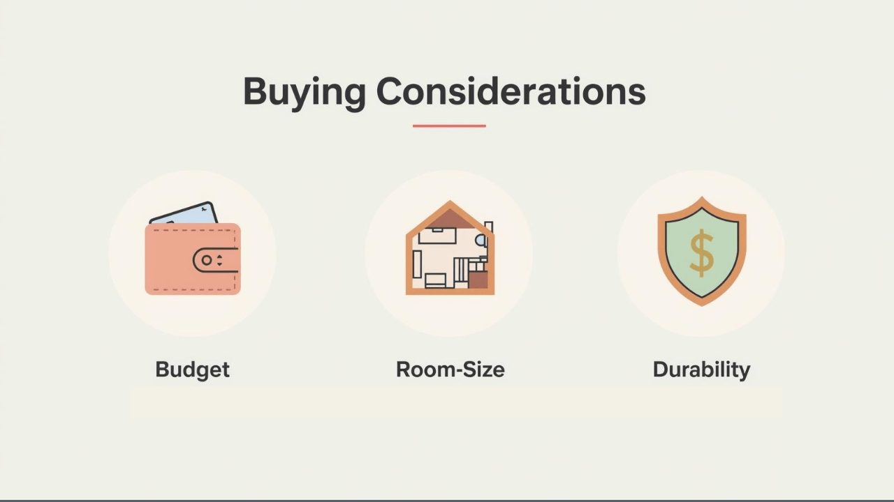 A Complete Guide to Choosing Wardrobe for Bedroom 20 Infographic checklist with 3 icons: Budget (wallet icon), Room Size (floor plan icon), Durability (shield icon)
