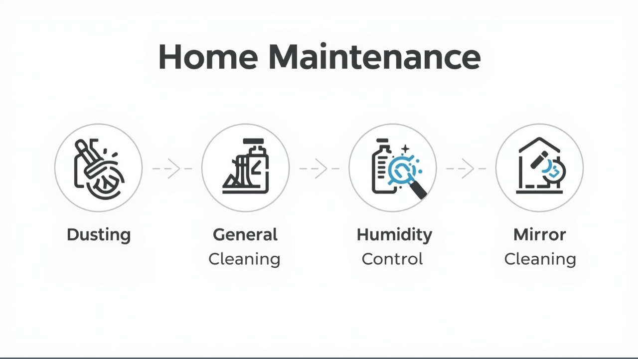 A Complete Guide to Choosing Wardrobe for Bedroom 21 Infographic with 4 icons: Dusting (cloth), Cleaning (spray bottle), Humidity Control (dehumidifier), Mirror Cleaning (glass spray)