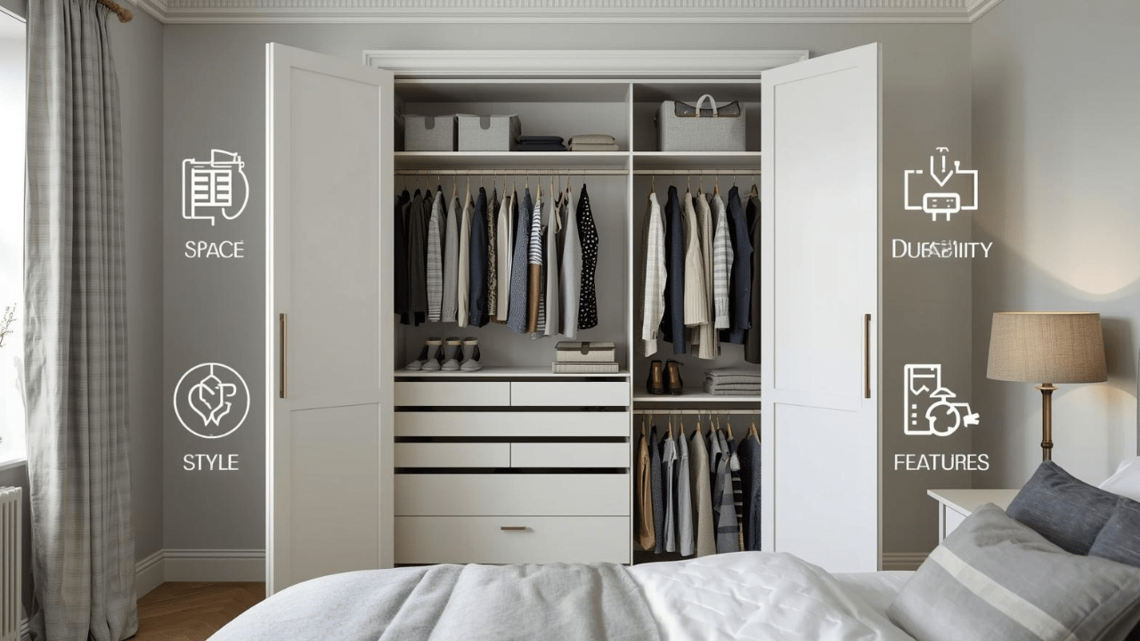 A Complete Guide to Choosing Wardrobe for Bedroom 22 A full UK bedroom scene showing a matching furniture set: wardrobe, bed, bedside tables, and drawers in a coordinated design, styled for a furniture catalogue.