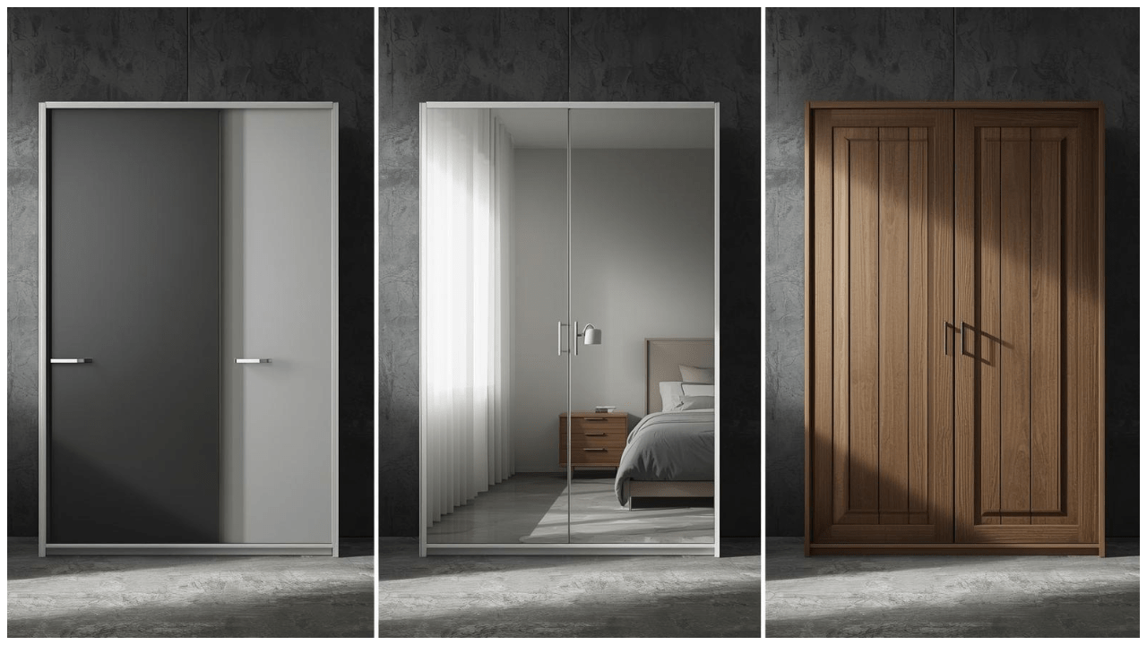 Sliding vs Hinged Doors Wardrobes UK: Which is best? 7 A clean collage of three types of wardrobes: sleek sliding door wardrobe, mirrored wardrobe reflecting the room, and a classic hinged wardrobe, shown in a bright, modern bedroom, catalog style, white background with shadows