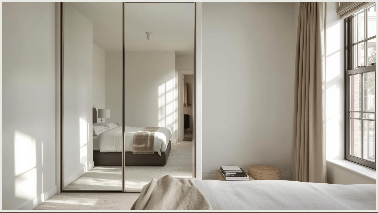 A Complete Guide to Choosing Wardrobe for Bedroom 12 A small modern London flat bedroom with a sliding mirrored wardrobe, showing reflection of the bed and window, clean minimalist décor, styled for a real-estate brochure look