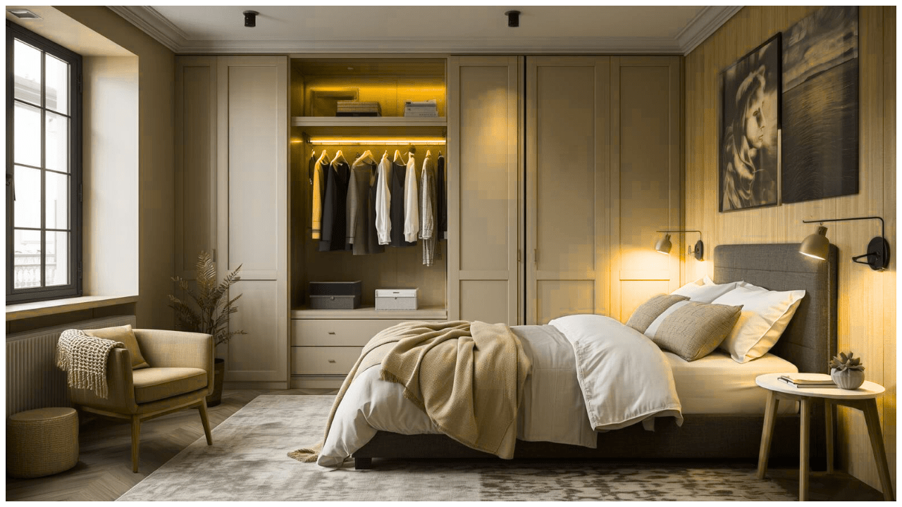 Sliding vs Hinged Doors Wardrobes UK: Which is best? 8 Compact UK apartment bedroom with a space-saving wardrobe, cozy décor, soft textiles, warm lighting, lifestyle photography for furniture catalog, realistic and aspirational style