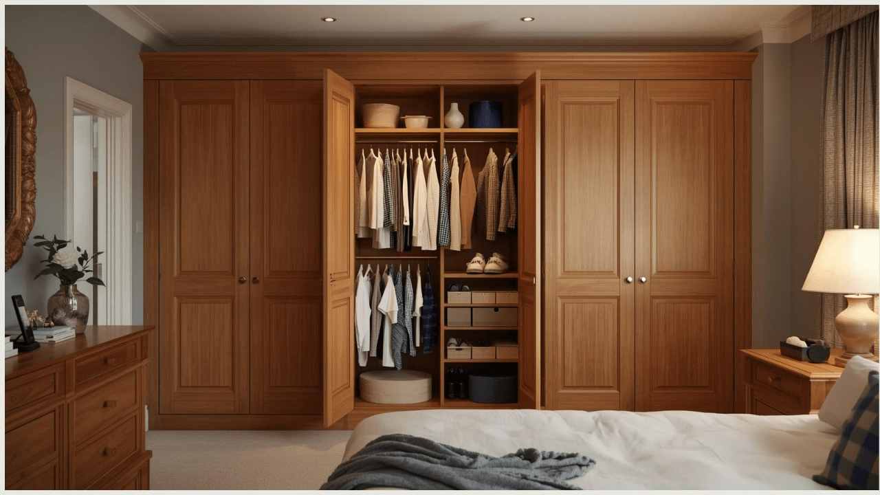 A Complete Guide to Choosing Wardrobe for Bedroom 13 A classic UK family bedroom with a hinged oak wardrobe, doors open, clothes neatly organised inside, warm traditional décor, homely and practical feel