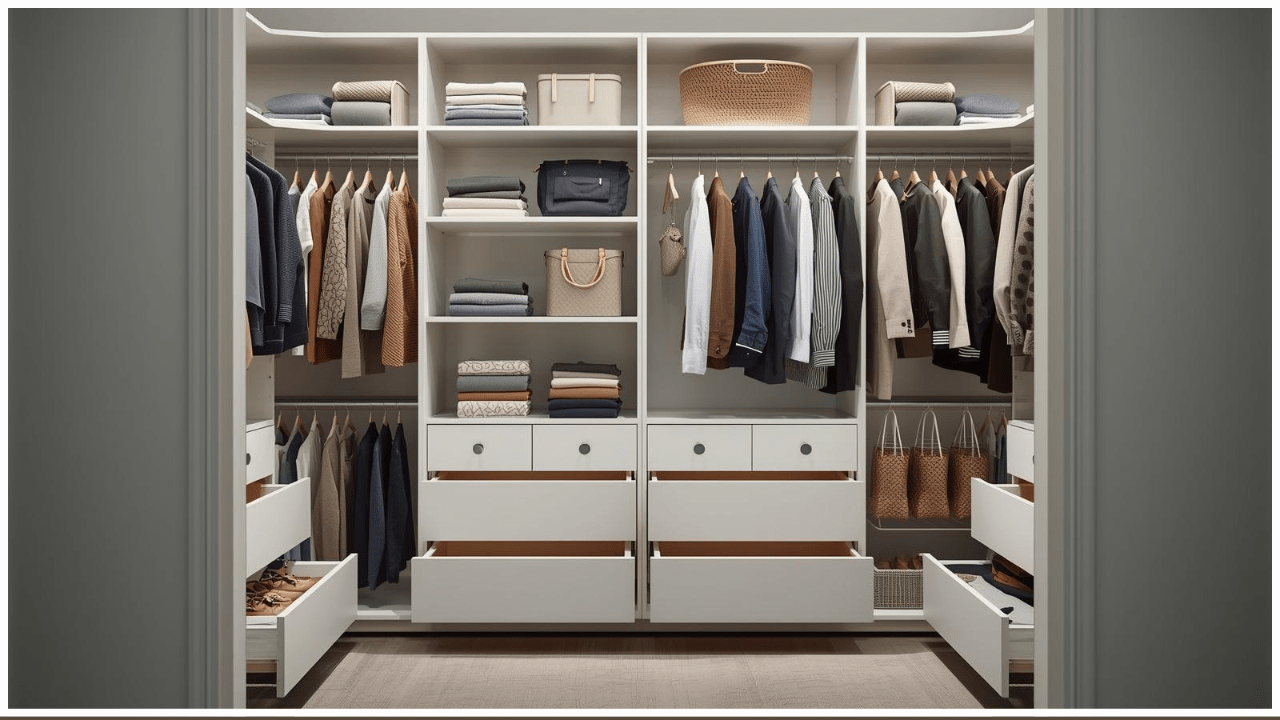 Sliding vs Hinged Doors Wardrobes UK: Which is best? 9 Open wardrobe with neatly arranged clothes, drawers, shelves, and accessories, modern interior design, highly organized look, product catalog photography style