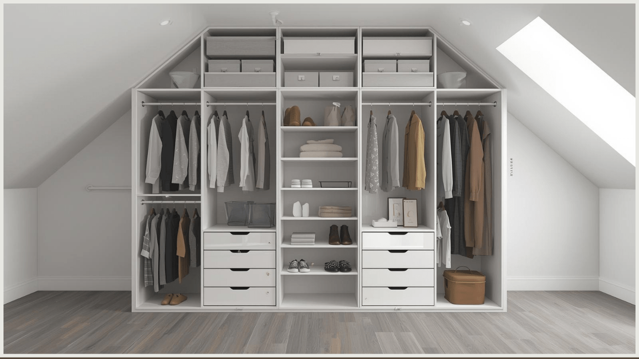A Complete Guide to Choosing Wardrobe for Bedroom 14 Illustration of a fitted wardrobe in a loft with sloped ceilings, showing how the design maximises every inch of space.