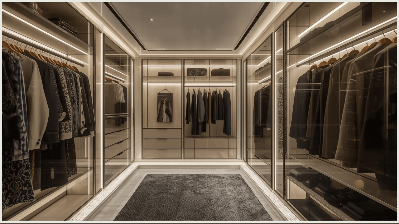 A Complete Guide to Choosing Wardrobe for Bedroom 15 A boutique-style walk-in wardrobe with LED lighting, glass-fronted shelves, and neatly arranged clothes, styled like a luxury showroom. Editorial photography look, UK luxury home style