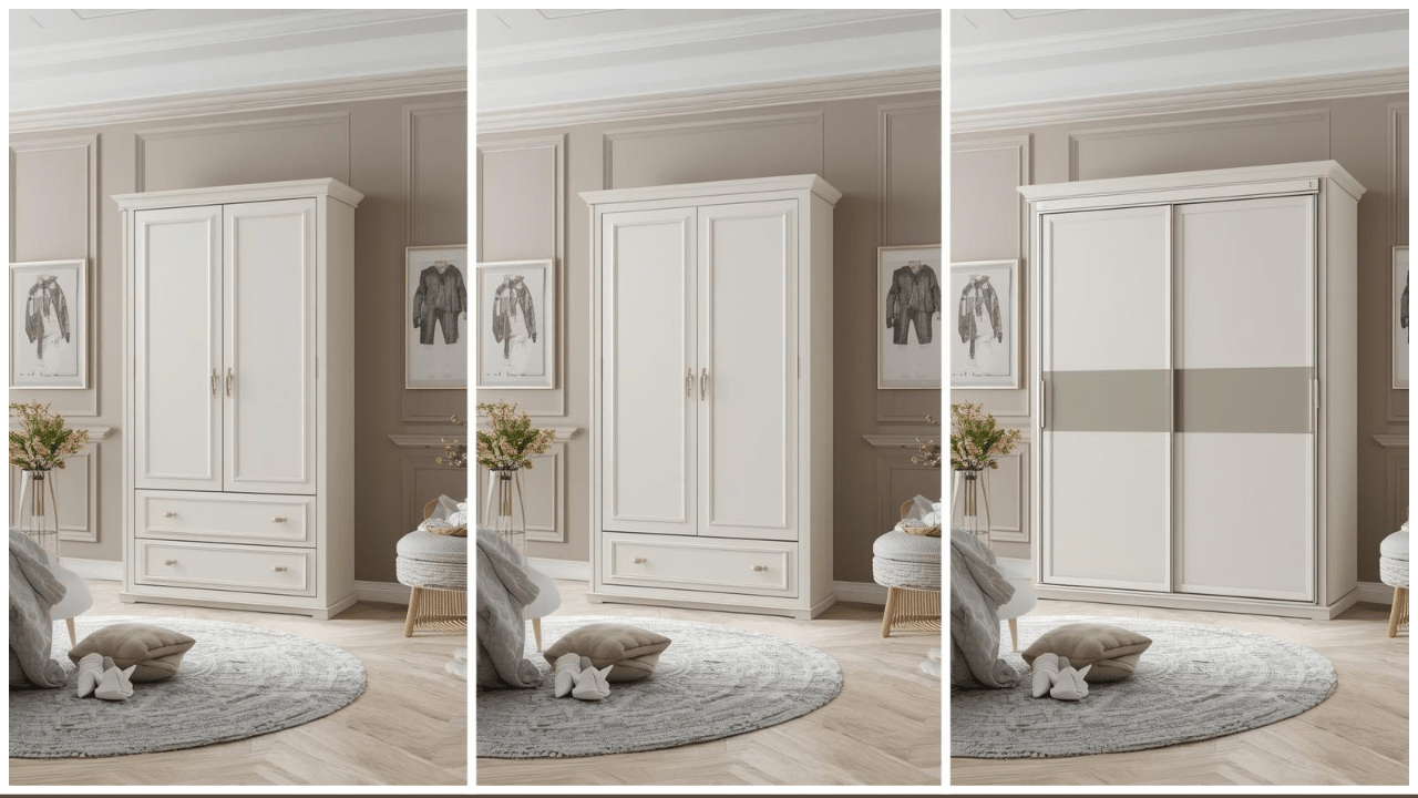 Sliding vs Hinged Doors Wardrobes UK: Which is best? 12 Side-by-side comparison of different wardrobe sizes (2-door, 3-door, and large sliding wardrobe), set in the same modern bedroom, catalog photography, UK furniture eCommerce style