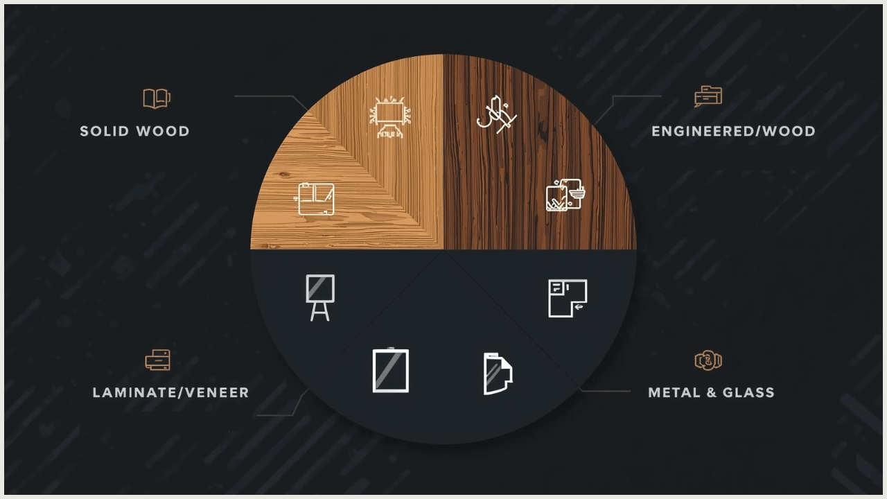 A Complete Guide to Choosing Wardrobe for Bedroom 16 Infographic wheel showing wardrobe materials: Solid Wood, Engineered Wood, Laminate/Veneer, Metal & Glass. Each section with mini icons (oak plank, MDF board, glossy laminate panel, glass frame). Clean, modern flat vector style