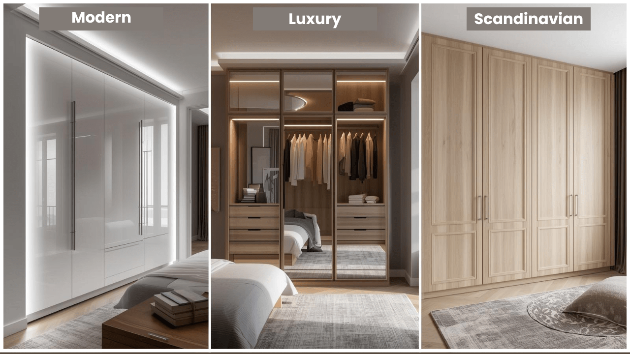 A Complete Guide to Choosing Wardrobe for Bedroom 17 A glossy white modern wardrobe, luxury fitted wardrobe, and Scandinavian-style wardrobe with light wood