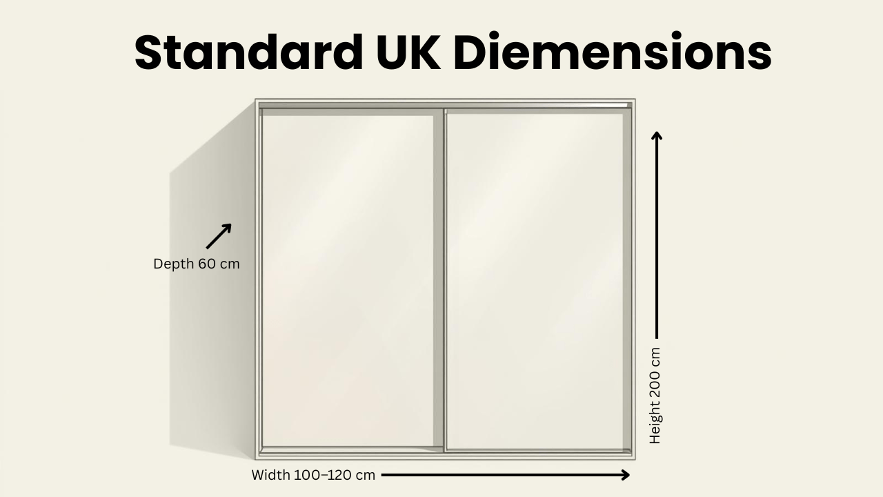 A Complete Guide to Choosing Wardrobe for Bedroom 18 Infographic showing standard UK wardrobe dimensions: Height 200 cm, Width 100–120 cm, Depth 60 cm.