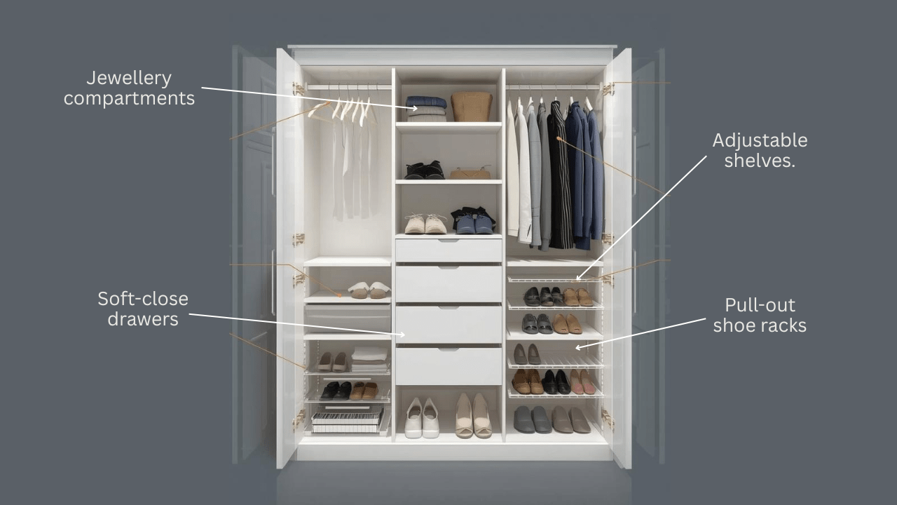 A Complete Guide to Choosing Wardrobe for Bedroom 19 Illustration of a wardrobe interior with labelled features