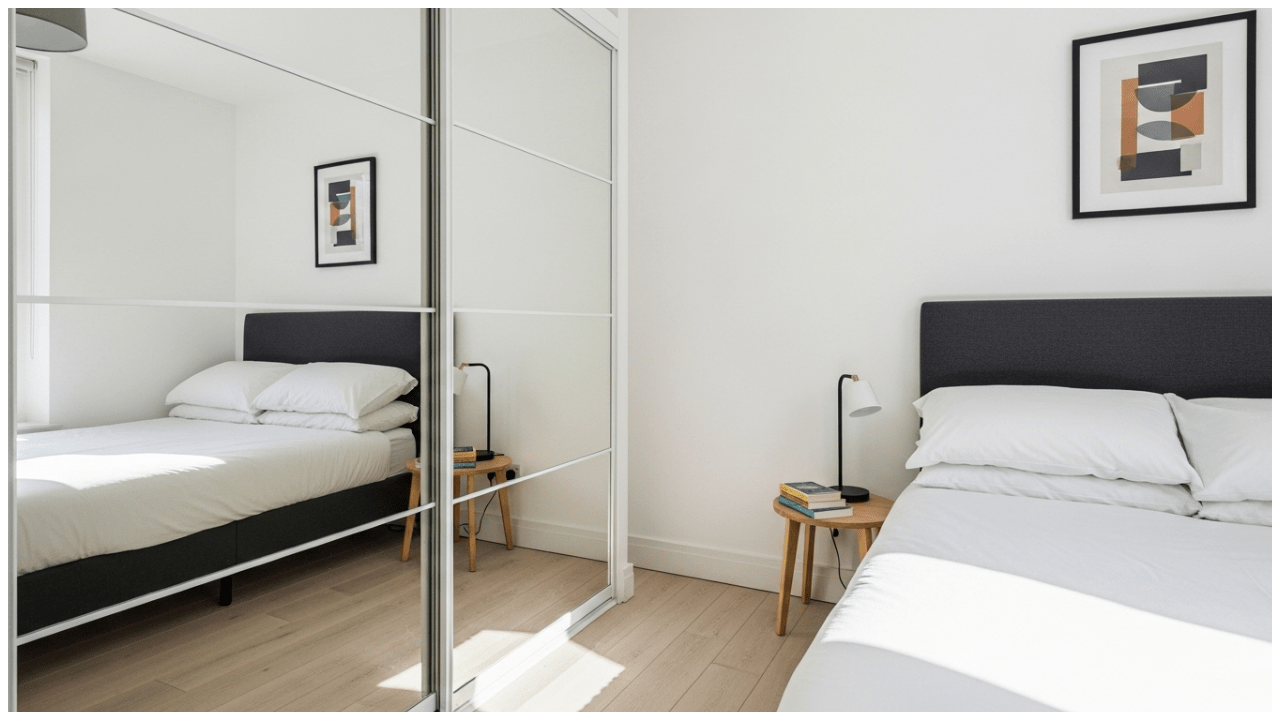 Smart Storage Secrets | Wardrobe Size Guide for UK Homes 9 Small 9m² London flat bedroom with a mirrored sliding wardrobe reflecting light, bed and side table, realistic render, bright and modern style.