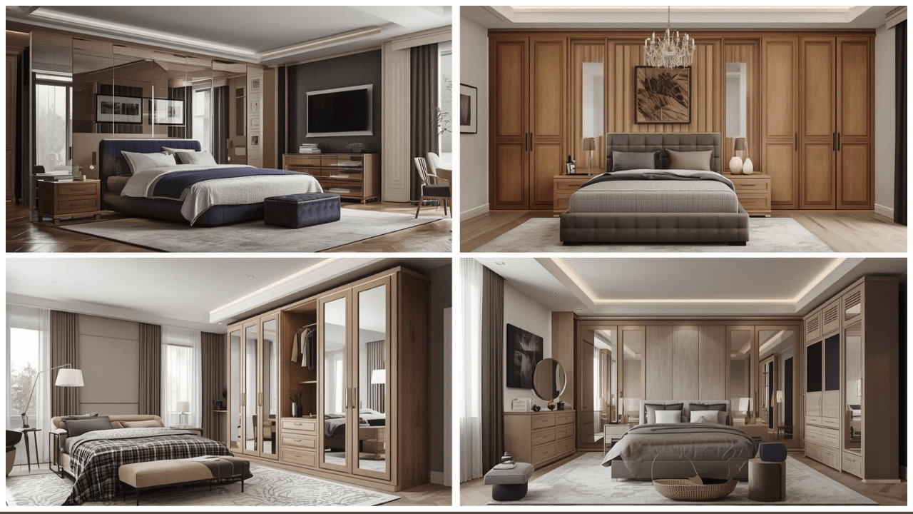 Smart Storage Secrets | Wardrobe Size Guide for UK Homes 12 Four interior design moodboards of bedrooms with wardrobes: Modern glossy sliding wardrobe, Traditional oak hinged wardrobe, Scandinavian slimline light wood wardrobe, Luxury fitted wardrobe with glass doors and LED lights. High-end Pinterest style collage.